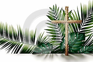 Palm Sunday background with cross and green palm leaves on white background with copy space