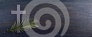 Palm sunday background. Cross and palm on wooden background.