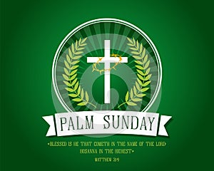 Palm sunday banner with cross, green palm leaf and text