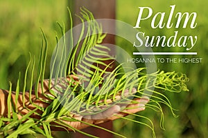 Palm Sunday concept with Christian inspiration quote - Hosanna to the highest. With fern or palm leaf in hand.
