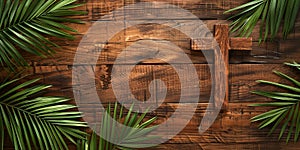 Palm sunday concept: wooden cross on a wooden background. Banner with copy space