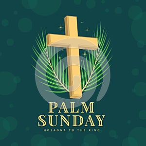 Palm sunday, hosanna to the king - Gold 3D cross crucifix sign with star light around and two palm leaves on dark green background photo