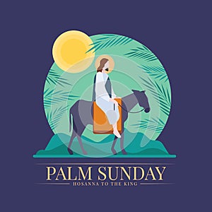 Palm sunday - Jesus riding donkey entering jerusalem with palm leaves circle around and sun on dark purple background vector