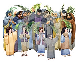 Palm Sunday watercolor hand drawn illustration, people with palm branches, Pharisees, Jews, and joyful children meet Jesus Christ