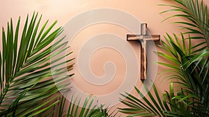 Palm Sunday: Wooden Cross & Palm Leaves on Neutral Background - Christianity, Faith & Holy Week Concept