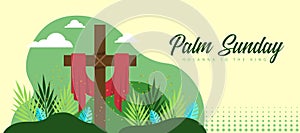 Palm sunday - Wooden Cross with red fabric on floor with plam leaves and gold glitter around vector design