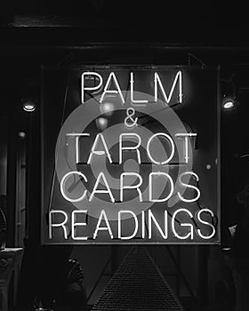 Palm and Tarot Cards Readings neon sign, in SoHo, Manhattan, New York City