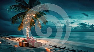 A palm tree adorned with Christmas decorations stands on an exotic beach at night, Ai Generated