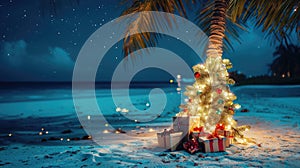 A palm tree adorned with Christmas decorations stands on an exotic beach at night, Ai Generated