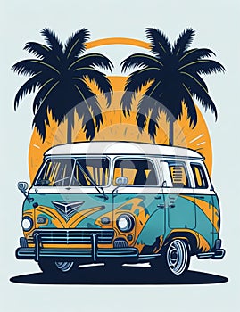 Palm tree background art style, the Colorful Volkswagen Samba car captures the essence of a sunny beach getaway, inviting you to