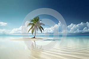 a palm tree in beach with beautiful ocean and sky background ai generated