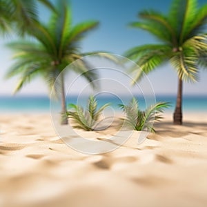 Palm tree on the beach. Green palm trees on sandy seashore in summer.