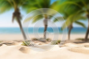 Palm tree on the beach. Green palm trees on sandy seashore in summer.