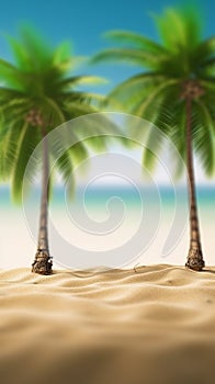 Palm tree on the beach. Green palm trees on sandy seashore in summer.