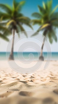 Palm tree on the beach. Green palm trees on sandy seashore in summer.