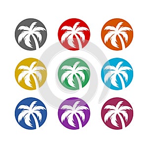 Palm tree circle icon isolated on white background. Set icons colorful