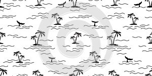Palm tree coconut tree seamless pattern shark fin dolphin whale vector ocean wave island tropical isolated background wallpaper re