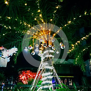 Palm tree decorated with Christmas ball. Christmas decoration on the palm tree.