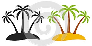 Palm tree desert island, vector logo for tourism three palm trees on an island, flat comic cartoon style