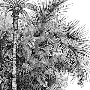 Palm tree and exotic flowers ink drawing at white paper, sketch