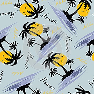 Palm tree island with beautiful tropical birds seamless pattern design