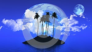 Palm tree island with planets in the sky