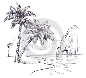 Palm tree landscape. Sketch tropical palms ocean coast, exotic island hawaii natura summer vacation poster hand drawn