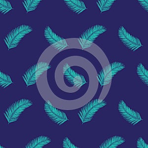 Palm tree leaves seamless vector pattern teal and blue. Abstract exotic tropical leaf background. Floral summer