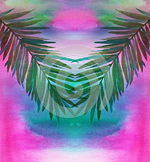 Palm tree leaves on watercolor background