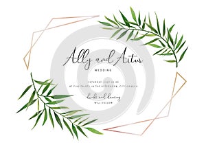 Palm tree leaves wedding invite card. Watercolor green, tropical leaf wreath, geometrical golden frame decoration. Vector