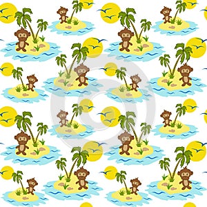 Palm Tree Monkey Tropical Island Seamless Pattern