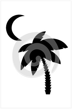 Palm tree and moon silhouette, isolated hand drawn black and white vector illustration on white background