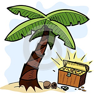 Palm tree and pirate chest on the seashore