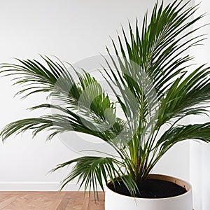 Palm tree in a pot on a white wall