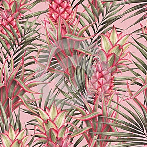 Palm tree and red pineapple seamless pattern. Tropical watercolor background