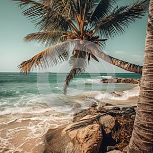 Palm tree on a rocky seashore