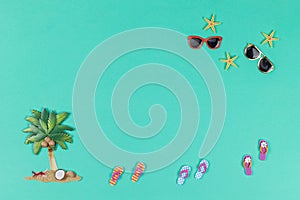 Palm Tree Sandals Sunglasses Upper Right Turquoise Flatlay