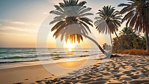 Palm tree on the sandy beach sea at sunset. Paradise Beach, vacation in a tropical country, Travel tour to the resort. AI