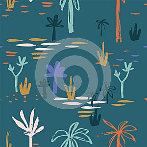 Palm tree seamless pattern. Hand drawn tropical pant leaf summer organic shapes. Beach vacation background