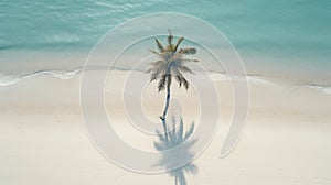 Palm tree with shadow, on a beautiful empty sand beach. Calm turquoise ocean with soothing waves. Tropical nature. Generative AI