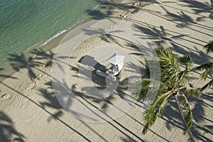 ï¿½Palm tree shadows and lifeguard hut.