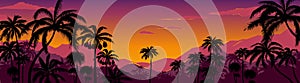 Palm tree silhouette background. California sunset landscape with exotic plants on horizon. Tropical forest and