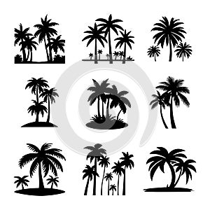 Palm tree silhouette icon illustration set black on white background