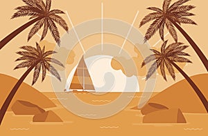 Palm tree silhouette, sailboat, sunset sea shore beach beautiful scenery