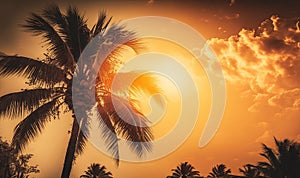 a palm tree is silhouetted against a sunset in a tropical setting with clouds in the sky and sun shining down on the palm trees