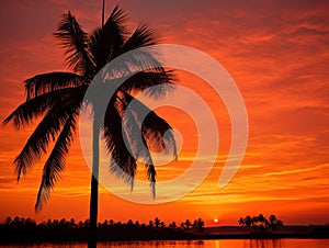 Palm Tree Silhouetted in the orange sunset, Amazonian Jungle