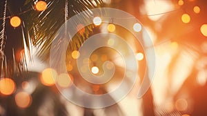 A palm tree stands against a blurred background with bokeh defocused lights, Ai Generated