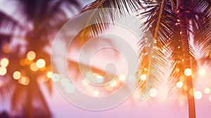 A palm tree stands against a blurred background with bokeh defocused lights, Ai Generated