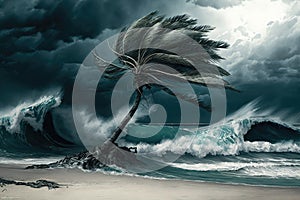 palm tree on stormy beach with turbulent waves