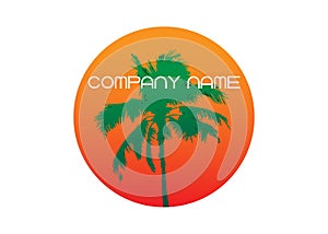 Palm tree summer logo template. Tropical palm tree, green silhouette and outline contours, company name, vector isolated